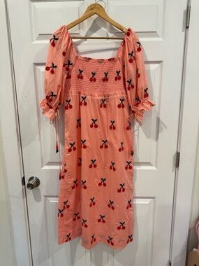 FARM Rio Pink Midi Dress with Red Cherry Embroidery